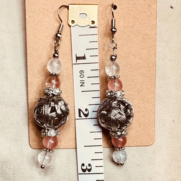 Silver Hook Dangle Earrings & Large Silver Beads & Cherry Quartz Stones & Crysta - Picture 5 of 9